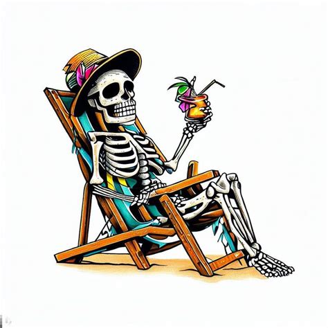 A Skeleton Relaxing In A Beach Chair With A Tropical Drink In One Hand