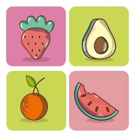 Conjunto De Dibujos Animados De Frutas En Iconos Cuadrados Vector Premium