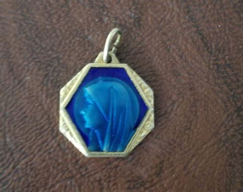 Vintage French Enameled Virgin Mary Medalpendant Brass Or Brass Toned