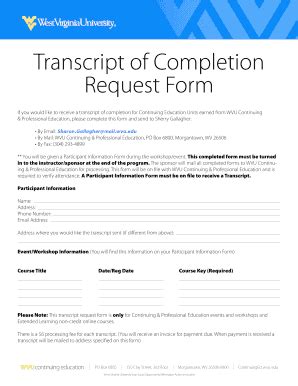 Fillable Online Continuinged Wvu Transcript Of Completion Request Form