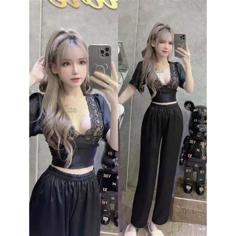 Mua Set phi satin đen phối ren áo hở ngực kèm quần dài bộ thời trang hot girl đi chơi dạo phố