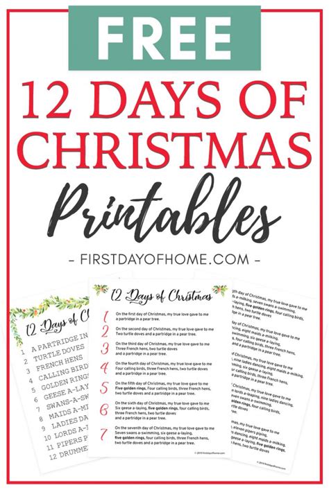 Beautiful 12 Days Of Christmas Lyrics Printable Free Download