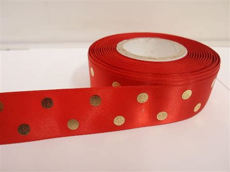 25mm Metallic Polka Dot Satin Ribbon 2 Or 20 Metres Red With Gold Spots