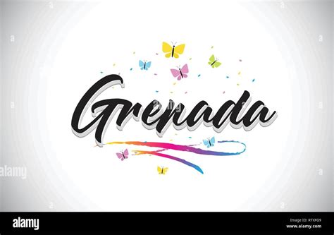 Grenada Handwritten Word Text With Butterflies And Colorful Swoosh