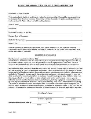 Fillable Online PARENT PERMISSION FORM FOR FIELD TRIP PARTICIPATION