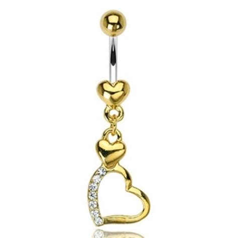 Gold Plated Surgical Steel Heart Belly Bar Navel Ring With Dangle