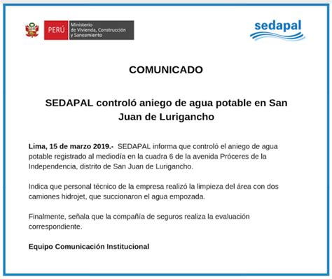 SedapalOficial on Twitter COMUNICADO SEDAPAL controló aniego de agua