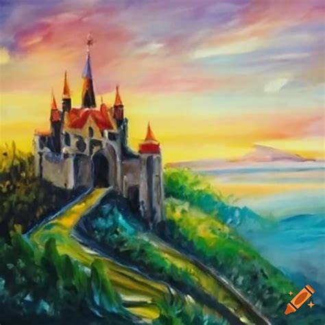 Crayon Drawing Of A Castle On A Hill With A Sun On Craiyon