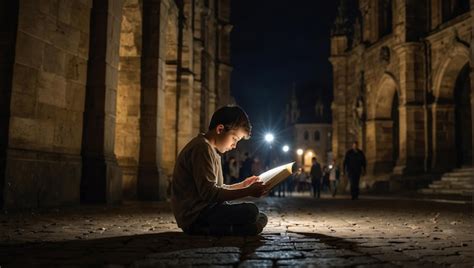 Premium Photo Nino Europeo En Praga Leyendo Bajo La Luz De Un Farol