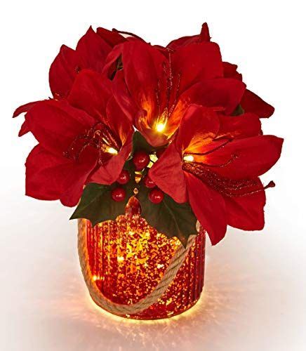 Homeseasons 10 Led Pre Lit Red Artificial Amaryllis Arrangement In Red