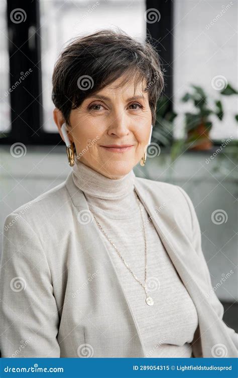 Mature Woman Executive Manager Listening Music Stock Image Image Of