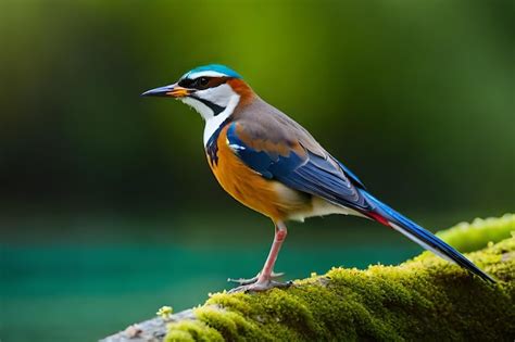 Un pájaro con cabeza azul y alas azules se sienta en un tronco cubierto