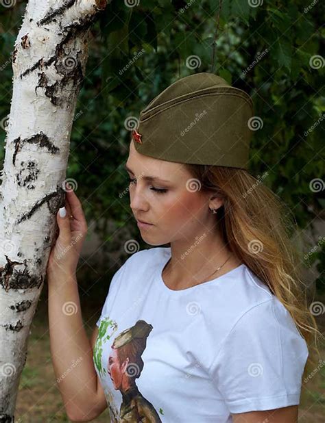 Girl In A Military Garrison Cap About A Birch Stock Image Image Of Lips Birch 75689231