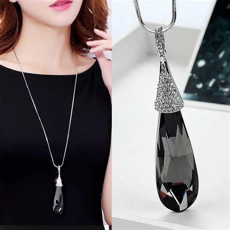 Long Silver Necklace Pendant Long Crystal Necklaces Women Women