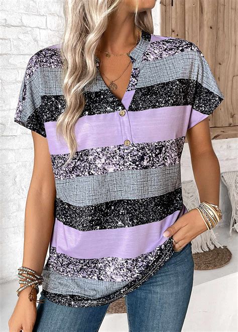 ROTITA Button Striped Light Purple Split Neck Short Sleeve Blouse