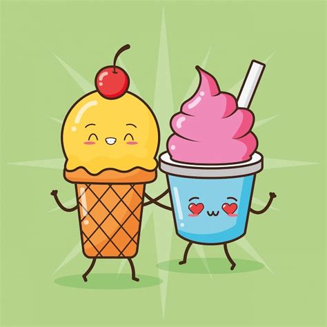 Happy Ice Cream Kawaii Diseño De Alimentos Ilustración Vector Gratis