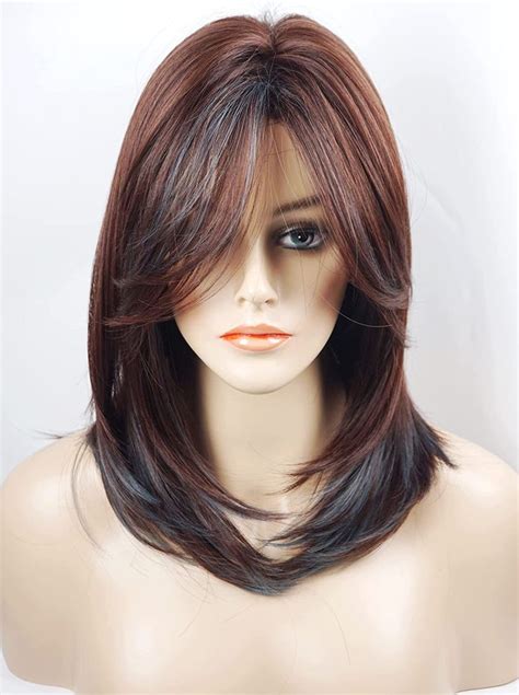 Medium Length Layered Wigs Dark Brown With Blue Highlights Wigs Layered Wig With Bangs Synthetic