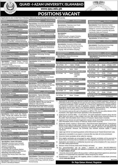 Quaid E Azam University Jobs 2023 Qau Application Form