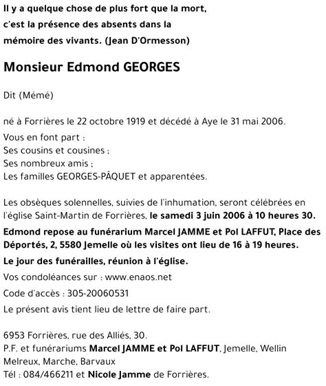 Avis De Décès De Edmond Georges Décédé Le 31 05 2006 à Aye Annonce