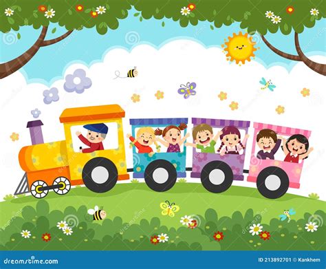 Cartoon Of Happy Kids With The Train | CartoonDealer.com #213892701