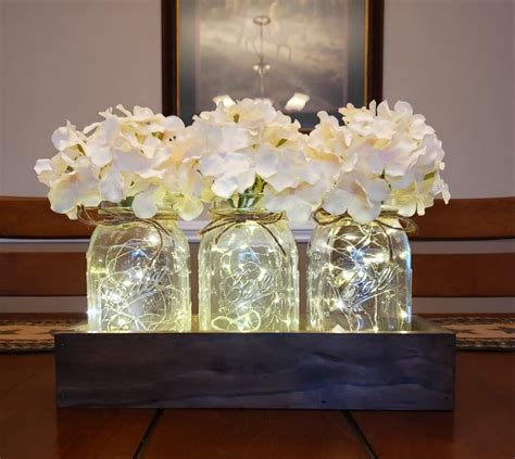 Mason Jar Centerpiece With Lights Farmhouse Table Decor Etsy Mason Jar Centerpieces Burlap