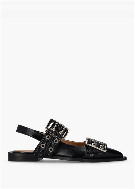 Ganni Black Patent Wide Welt Buckle Ballerina Flats