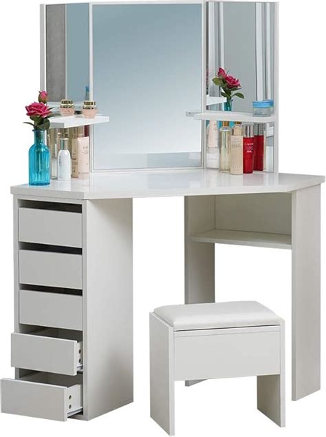 Ofcasa Mirrors Drawers Dressing Table With Faux Leather Stool White