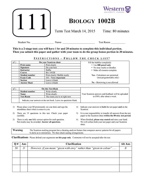 2015 Test 2 Midterm Bio 1002 Test With Answers BIOLOGY 1002B Term