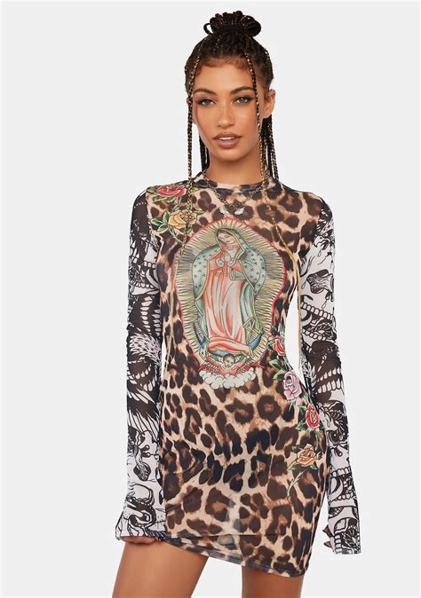 Ed Hardy X Dolls Kill Virgin Mary Leopard Print Mesh Mini Dress Multi