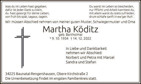 Traueranzeigen von Martha Köditz Trauer HNA de