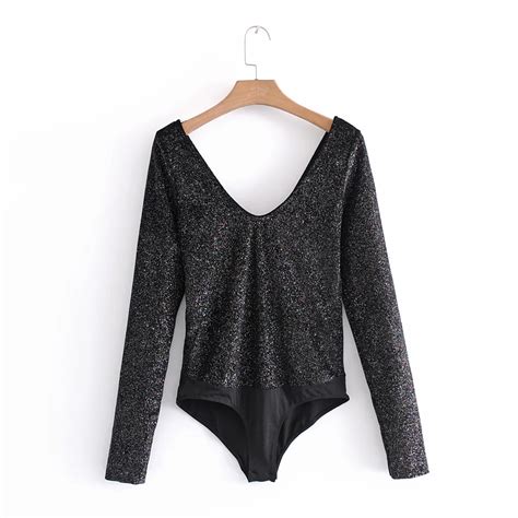 Women Shiny Velvet Bodysuit Blouse Elegant Long Sleeve Sexy Deep V Neck