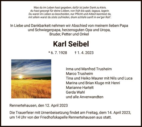 Traueranzeigen Von Karl Seibel Trauer HNA De