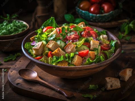 Traditional Arabic Fattoush Salad On A Plate On The Table Horizontal