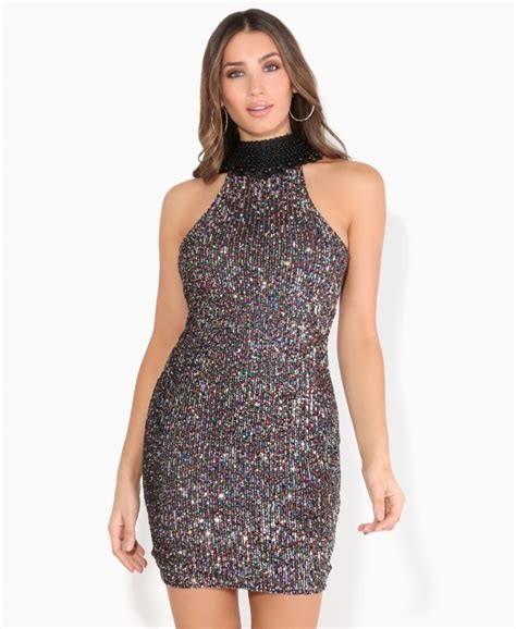 Dress Beaded Halter Neck Sequin Mini Dress Krisp