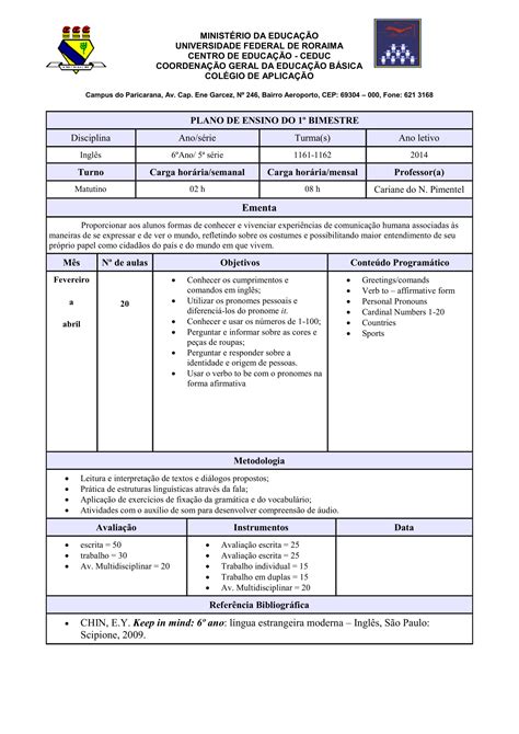 Exemplo De Plano De Aula De Lingua Inglesa Novo Exemplo