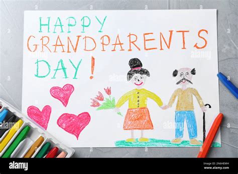 Beautiful Drawing On Grey Table Flat Lay Happy Grandparents Day Stock