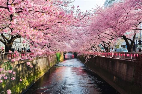 Premium Photo Cherry Blossom Rows Along The Meguro River In Tokyo