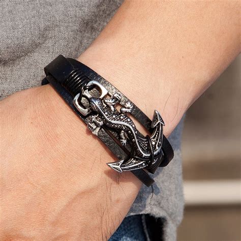 Bracelet Gecko Pour Homme En Cuir Ancre Gecko En Acier Inoxydable