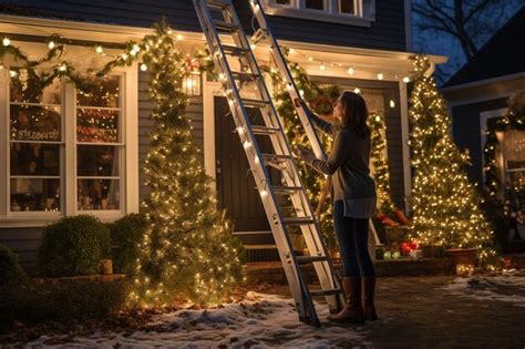 Premium Photo A Man Is Standing On A Ladder To Install Christmas