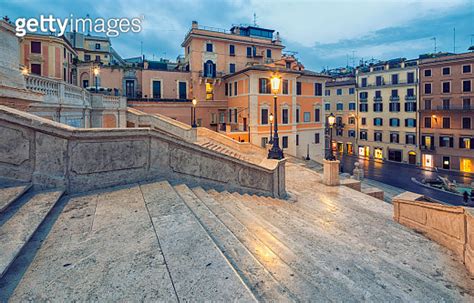 Night View Of Spanish Steps And Fontana Della Barcaccia In Rome Italy