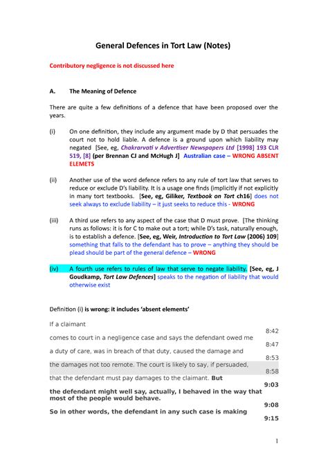 General Defences In Tort Law Notes General Defences In Tort Law