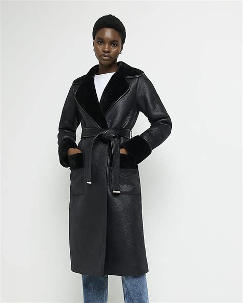 River Island Black Faux Shearling Longline Coat Lyst