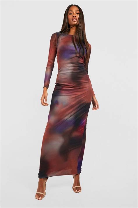 Abstract Mesh Long Sleeve Maxi Dress Boohoo Uk