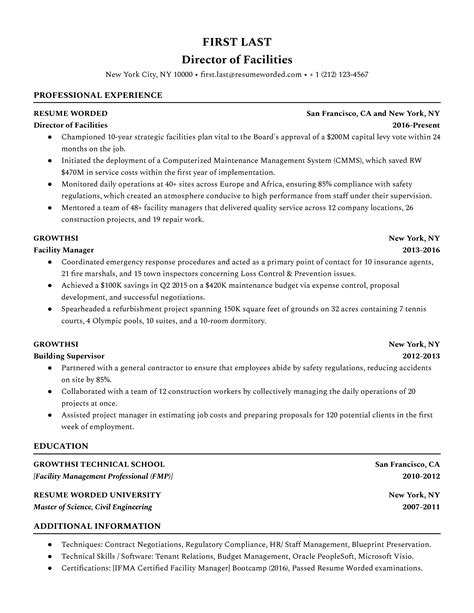 Director Of Facilities Resume Example For Resume Worded