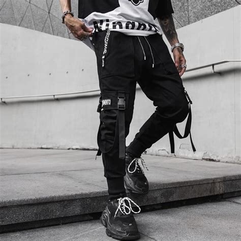 2019 Spring Hip Hop Joggers Men Black Harem Pants Multi Pocket Ribbons