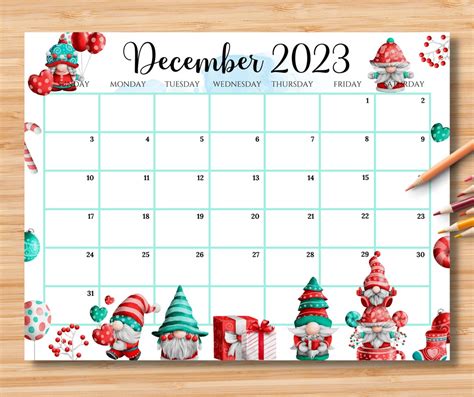 Calendario EDITABLE Diciembre 2023 Adorable Navidad Con Lindos Gnomos