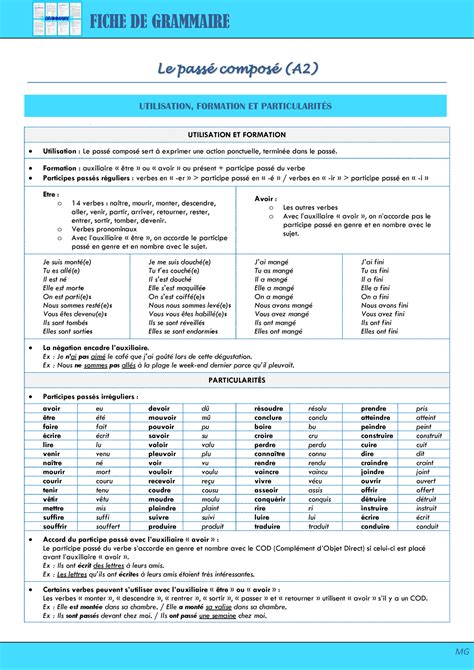 A2 grammaire passé composé FICHE DE GRAMMAIRE MG Le passé composé A2