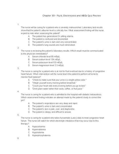 Nsg3100 Chapter 39 Fluid Electrolytes And Abgs Quiz Review Chapter 39 Fluid Electrolytes