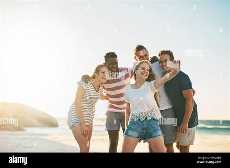 First Selfie Of Summer A Happy Group Of Friends Taking Selfies