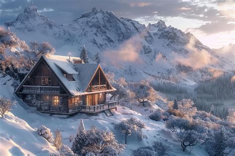 Premium Photo Cozy Cabins Nestled In Snowy Mountains